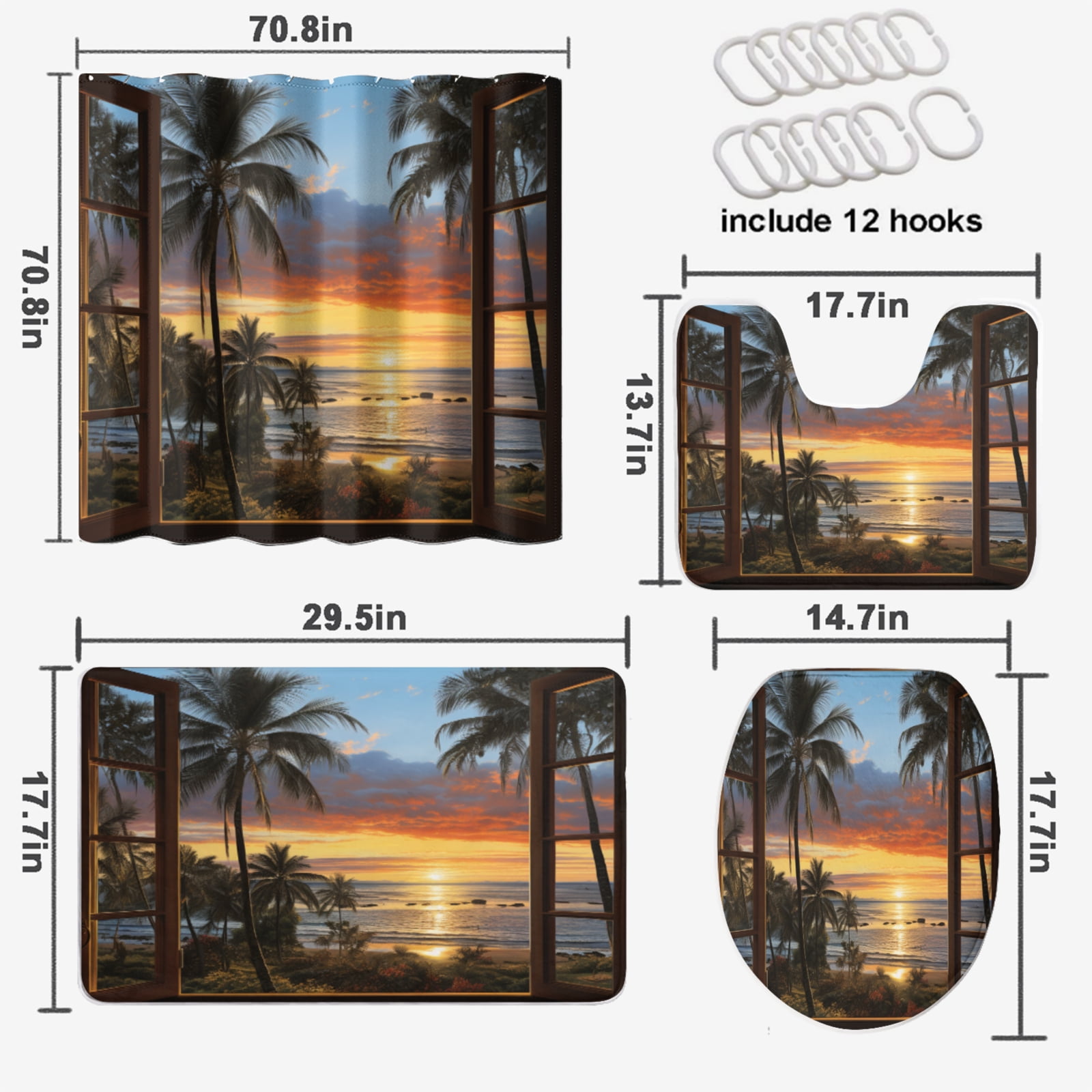 Beach Landscape 4 Piece Shower Curtain Sets Sea Palm Trees Sundet Natural Scenery Rustic with Non-Slip Rugs Toilet Lid Cover and Bath Mat Bathroom Decor Set, 72x72 Inch