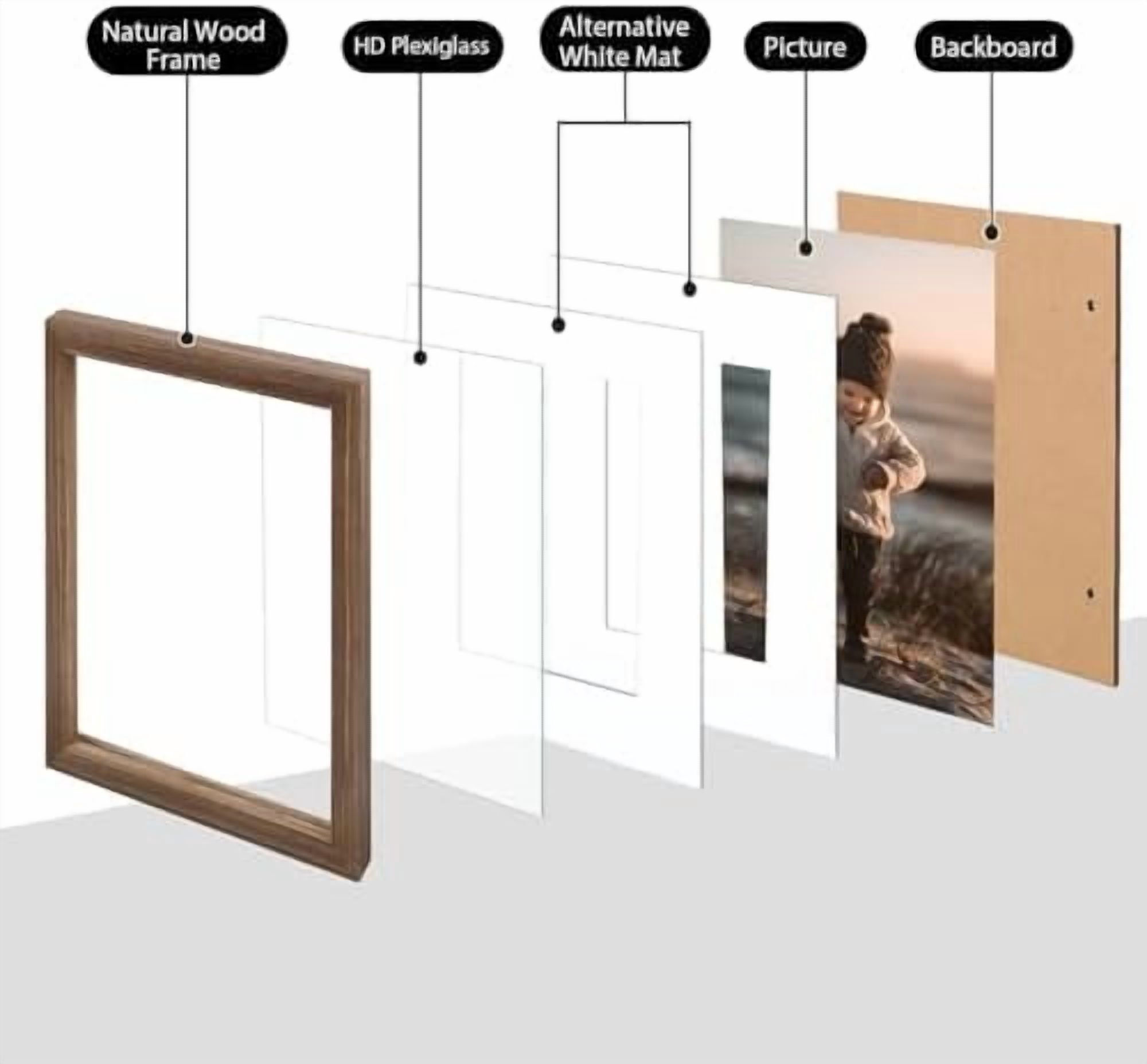 12x16 Picture Frame, Brown Wood Solid Wood Frame with Acrylic Plexiglass for Pictures 11x14/9x12 with Mat or 12x16 without Mat,Wall Mounting Display Photo Frame 1 Pack
