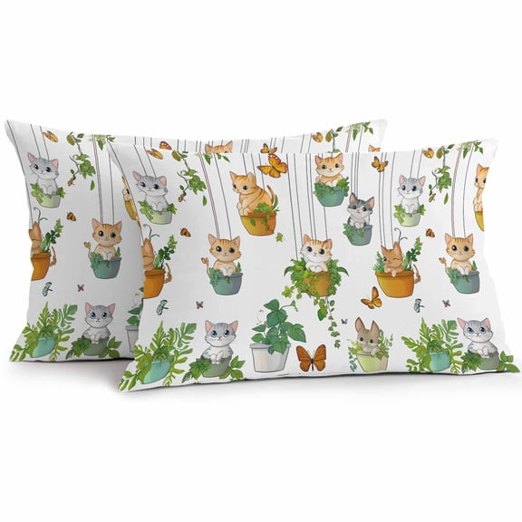 Cute Cat Outdoor Pillow Covers Pack of 2 Green Potted Plant Butterfly Botanical Rustic Waterproof Throw Pillow Covers Decorative Cushion Cases for Patio Garden Tent Balcony Couch 20x12 inch