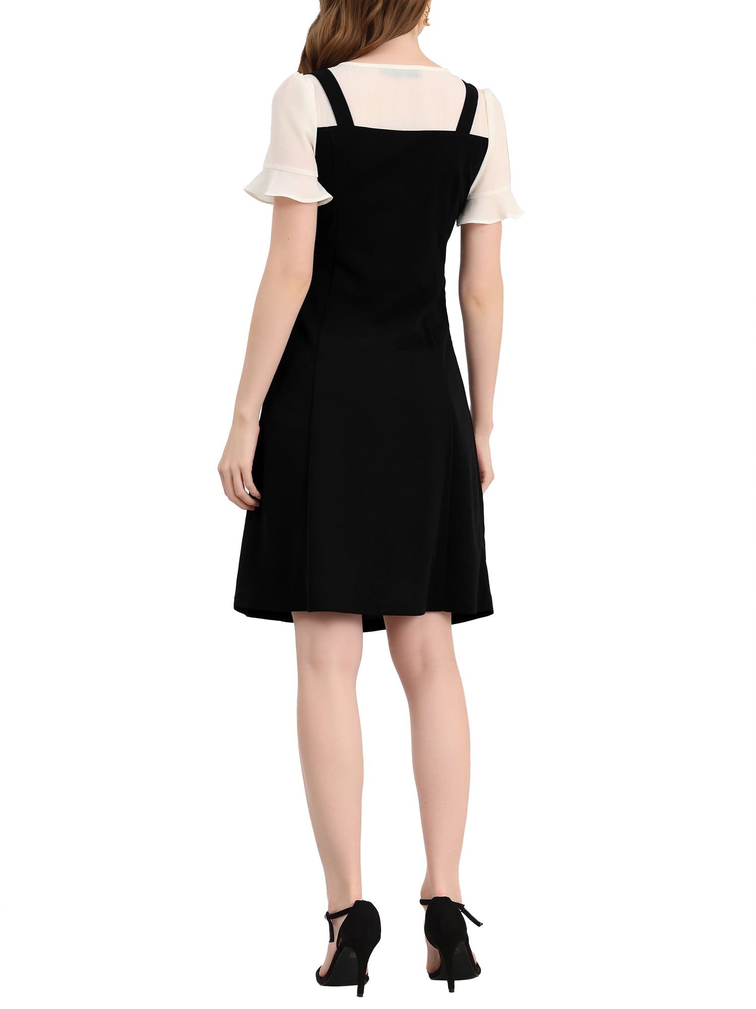 Unique Bargains Women's Contrast Chiffon Button Decor Short Sleeve Dress Black M