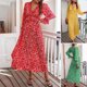 thumbnail image 3 of Moda mujer vestido con estampado floral con cuello en V manga larga manga acampanada Eccomum Grande, 3 of 7