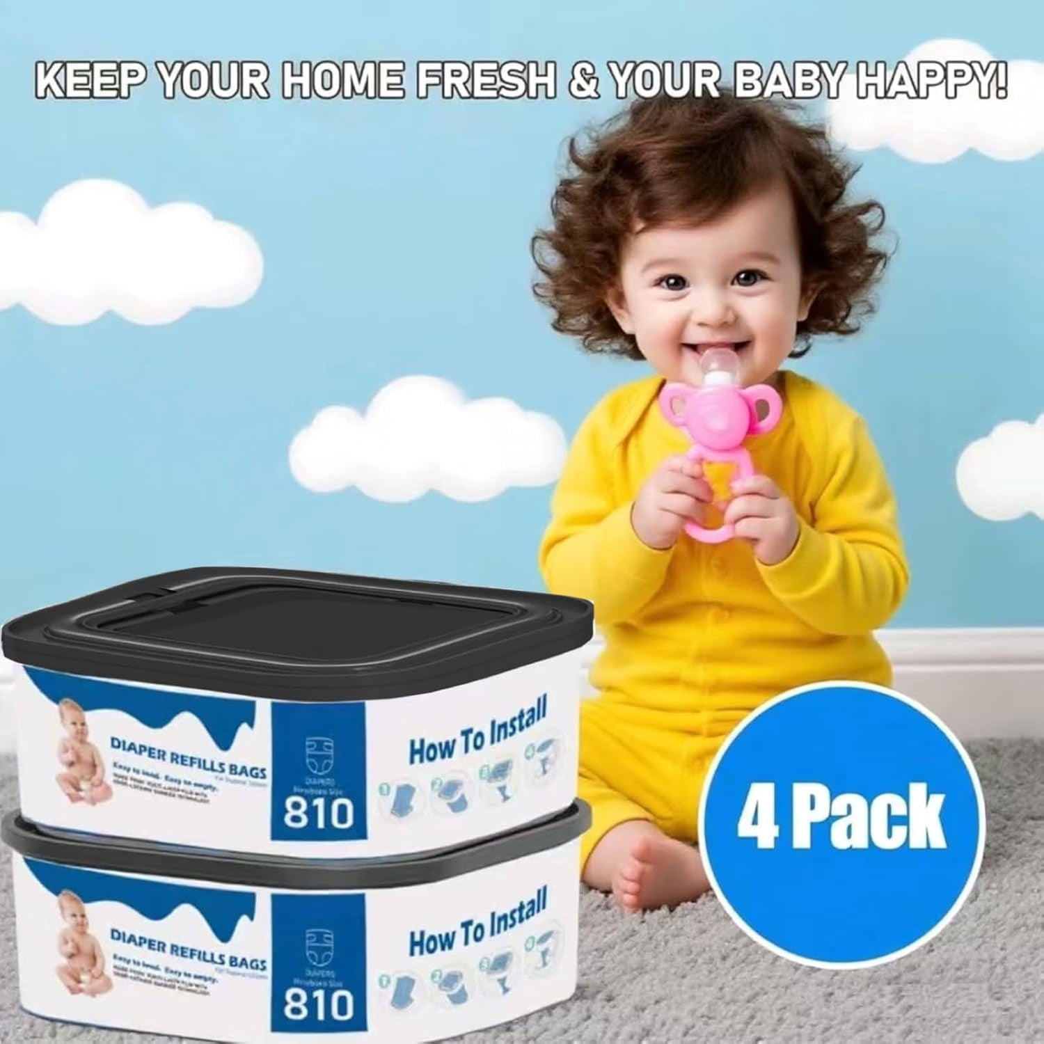 4 Pack Jumbo Bags Refill Compatible with Diaper Genie Compact, Select Pails (Not Fit Classic), Max Order Control, Holds Up to 810 Newborn Diapers, Disposal Bag Refills with Continuous Film
