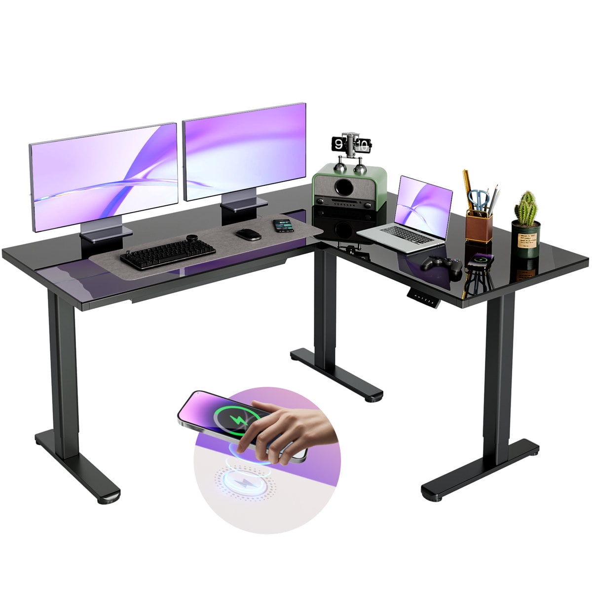 Innovar 63" Dual Motor L-Shaped Standing Desk,Wireless Charging Adjustable Height Glass Standing Desk, Electric Sit to Stand up Tempered Glass Top Desk W/ Memory Presets for Office Home Black