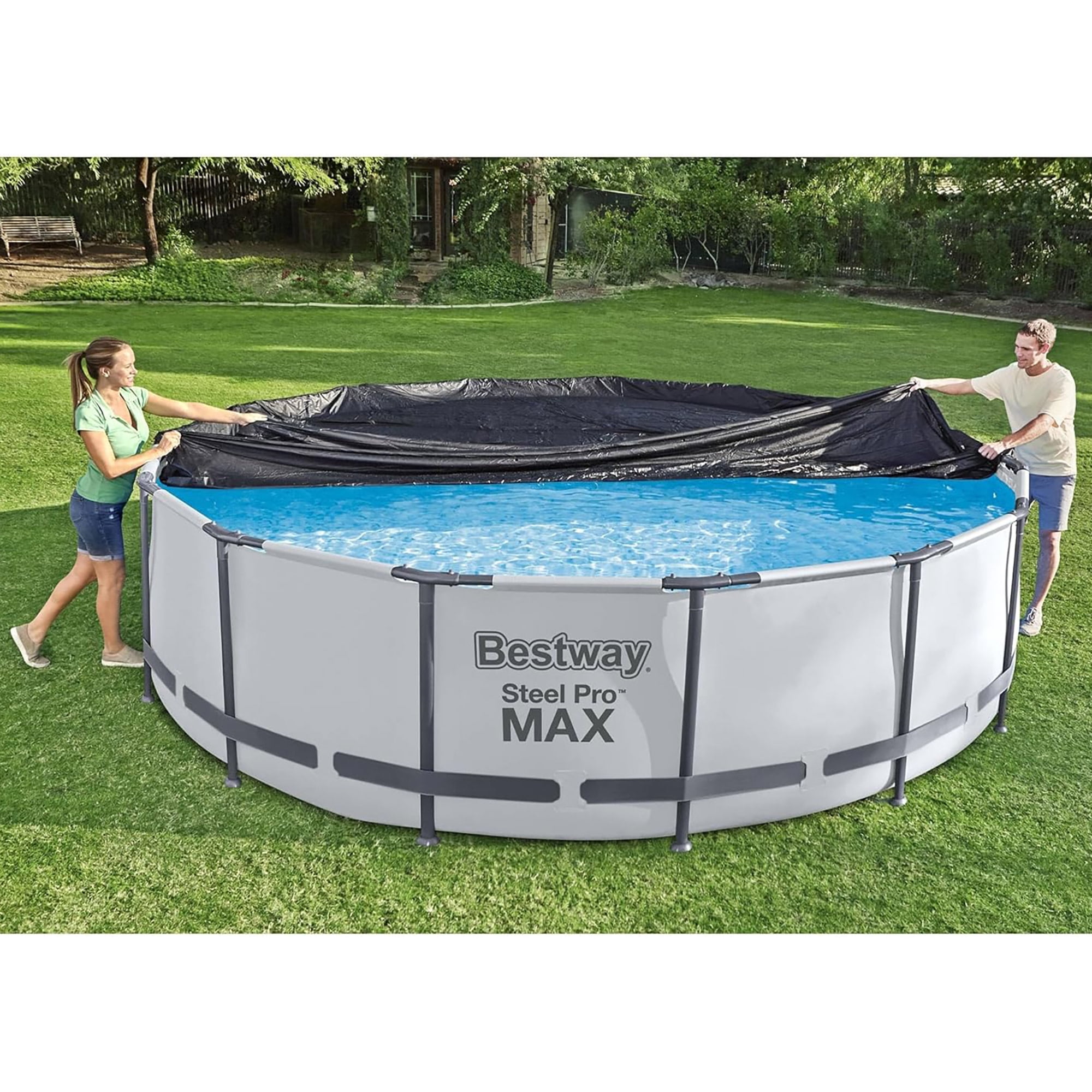 Bestway: Round Pool Cover - 12 Foot, Black - Above Ground Pools Accessory, Drainage Holes, Built-In Rope Secure, Water Protector, Block Debris & Dirt