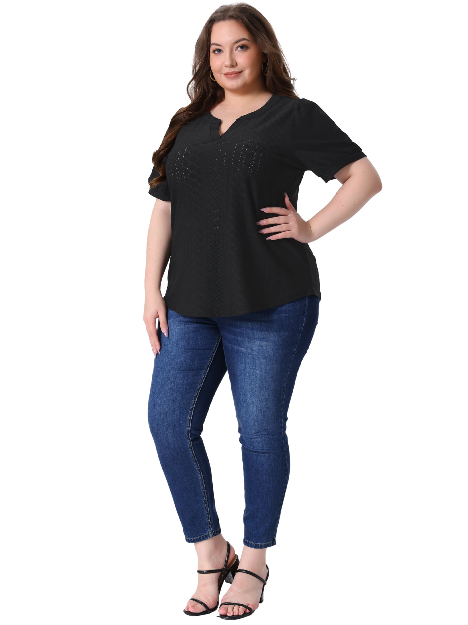 DARING DIVA Women's Plus Tops Hollow Casual V Neck  Summer Blouse Shirts 5X Black