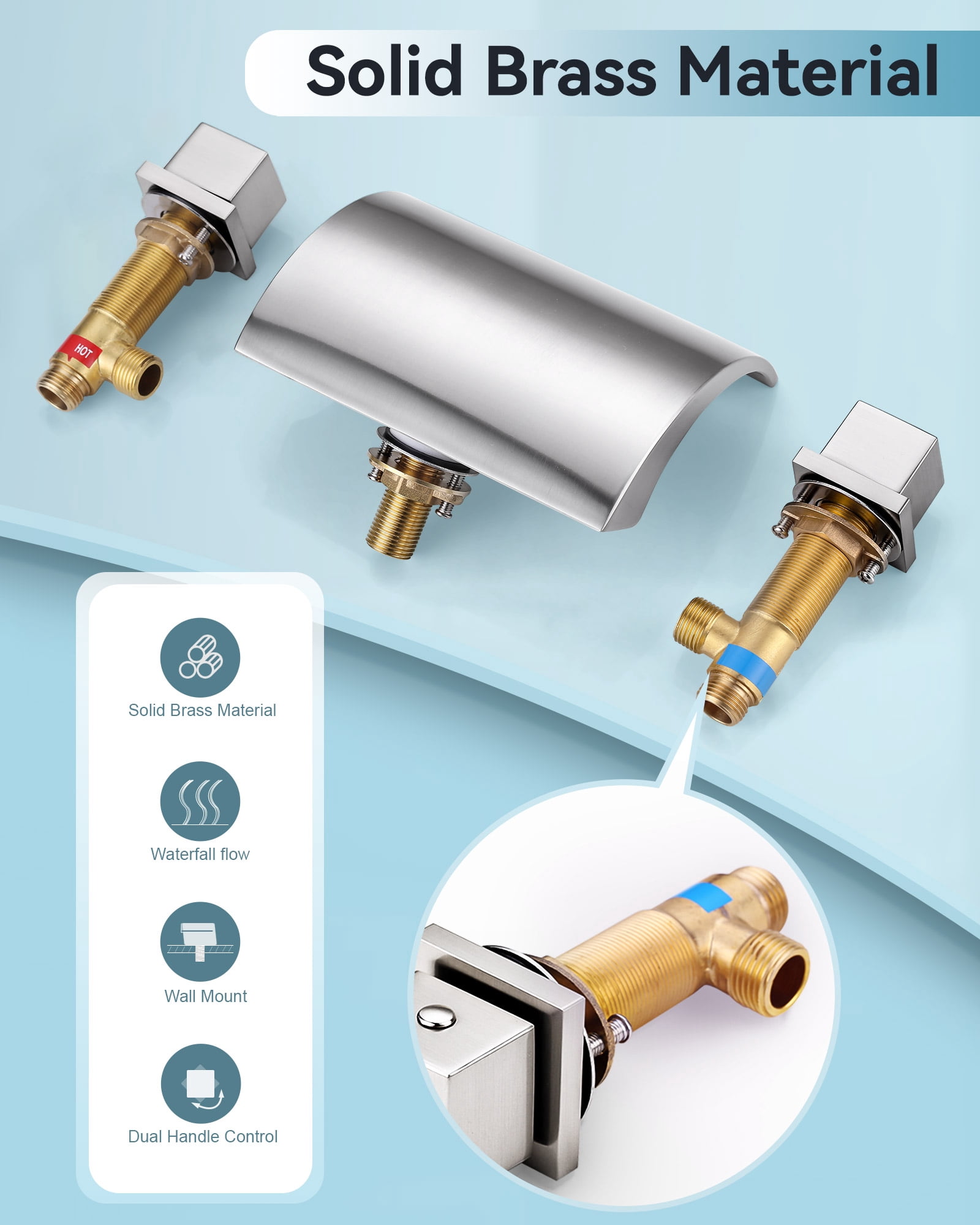 Wowow 2 Handle Waterfall Tub Faucet, Brass 3-Hole Bathtub Faucet, Brushed Nickel