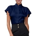 thumbnail image 2 of Uootdi Work Tops for Women Stand Collar Flutter Short Sleeve Button Front Plain Satin Womens Shirts Straight Fit Business Casual Silky Summer Blouses for Women, 2 of 5