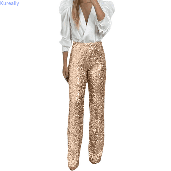 Kureaily Women's Party Sequin Elastic Waist Slim Fit Elastic Flare Pants Solid Color Pants Women Summer Pants