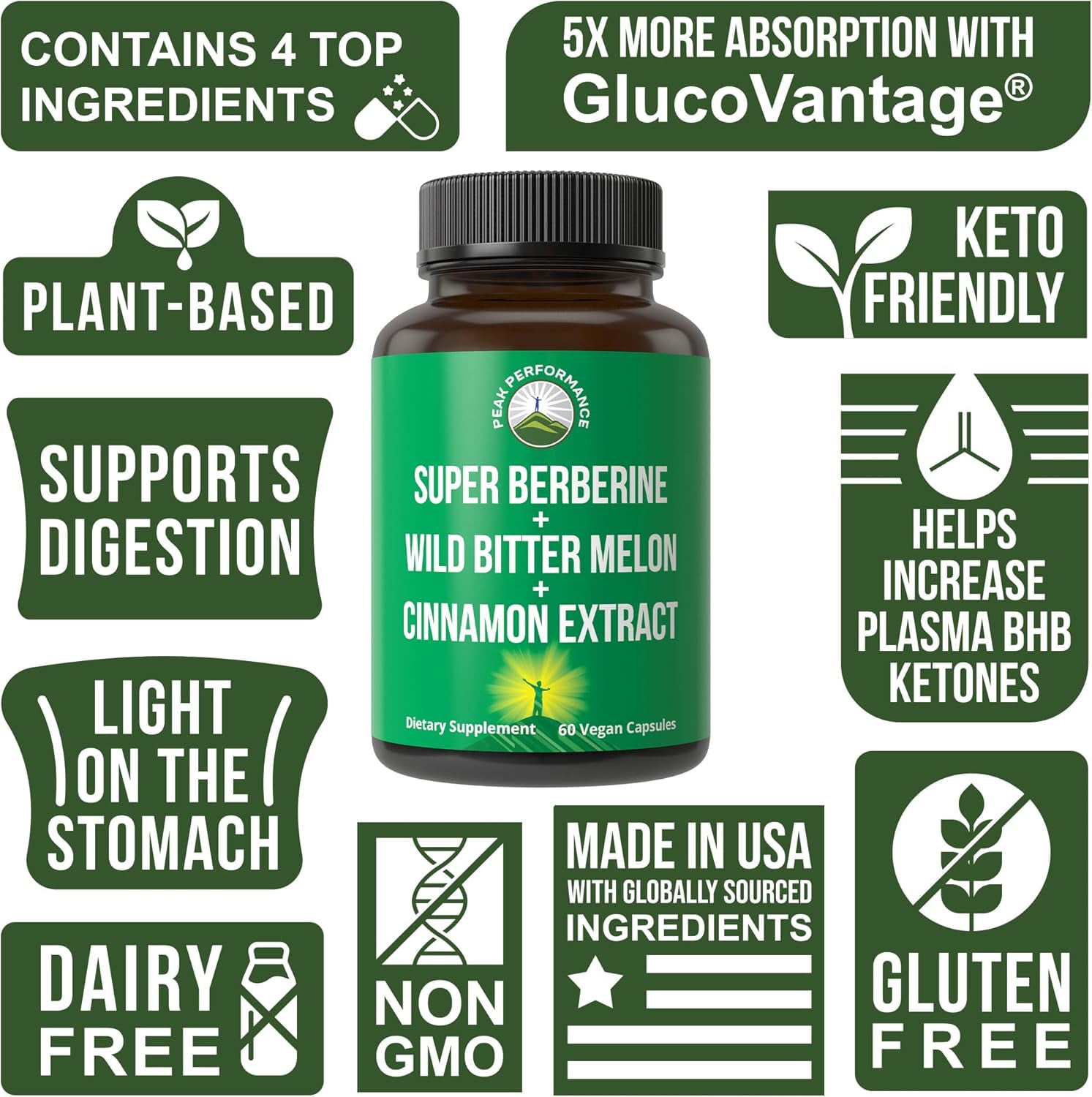Peak Performance Super Berberine GlucoVantage 4-In-1 Wild Bitter Melon Cinnamon Chromium Picolinate Vegan Capsules, Blood Sugar Support, 60 Count
