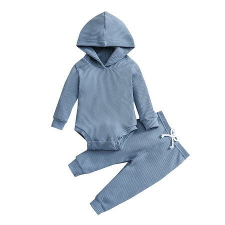 

JDEFEG Boy Outfit with Bow Tie Baby Boys Girls Long Sleeve Hooded Romper Tops Solid Pants Outfit Set 2Pcs Clothes Toddler Cotton Sweatshirt Blue 90