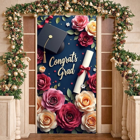 Floral Design Graduation Banner Golden Lettering Graduation Backdrop Navy Blue Background Pink Yellow Flowers Grad Party Display for Graduation Party College Graduation Grad Ceremony