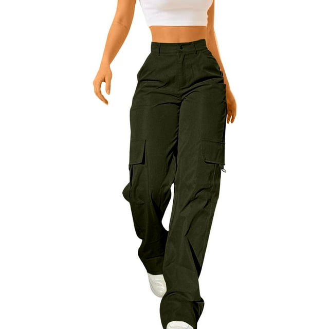 Ploknplq Cargo Pants Women,Hiking Pants Women,Pantalones Cargo Para Mujer,Elastic Waist Pockets Straight Pants Cargo Long Trousers,Drawstring Cargo Pants for Women,Camo Jeans Women Army Green S
