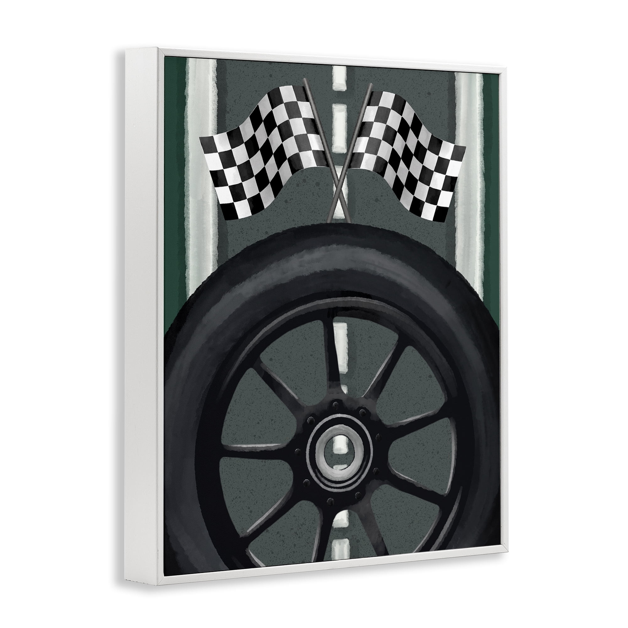 Stupell Industries Racetrack Flags & Tire White Framed Giclee Art, design by Jennifer Stith