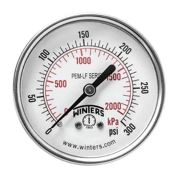 Lead-Free Pressure Gauge, 0 to 300 psi, 2 1/2 in Dial, 1/4 in NPT, Center Back Location