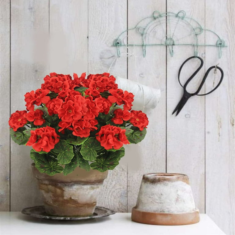 6 Bundles Artificial Geranium Flowers UV Resistant - Red Silk Fake Plants For Outdoor/Indoor Decor