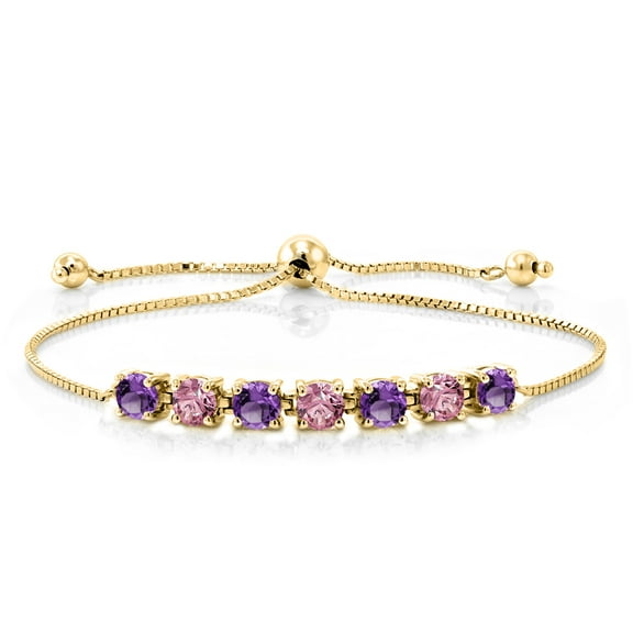 Gem Stone King 2.40 Ct Purple Amethyst Pink Lab Grown Diamond 18K Yellow Gold Plated Silver Bracelet for Women