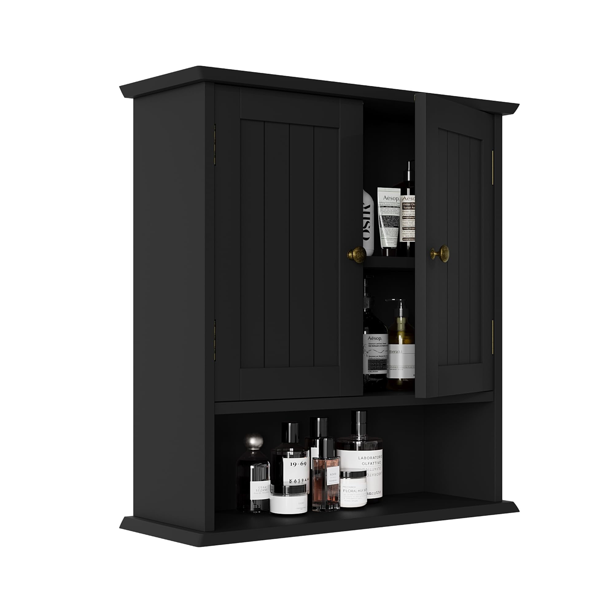 Smuxee Bathroom Wall Storage Cabinets with Door and Open Shelves,over the Toilet Storage,Black Small