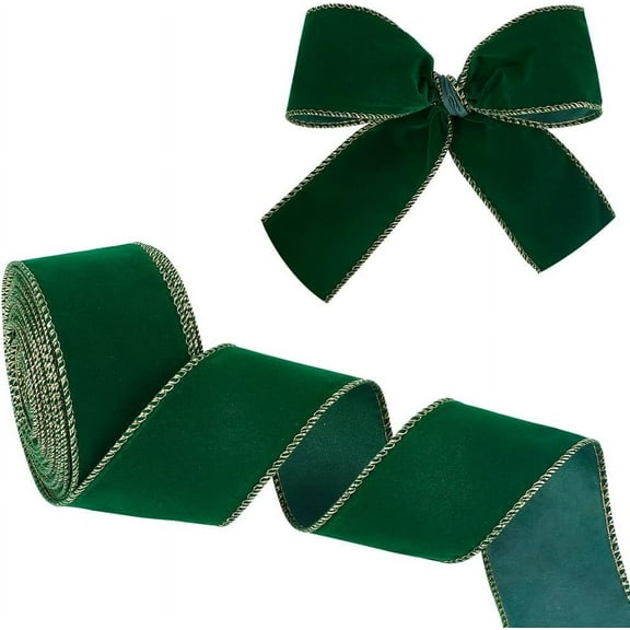 10 Yards/9.14m Velvet Ribbon 2.3~2.5 inch Wide Velvet Fabric Ribbon Trim Single Face Velvet Wired Ribbon Satin Velvet Ribbon with Gold Edged for Gift Wrapping Bouquet Decoration - Dark Green Green