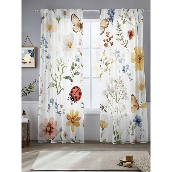 Botanical Garden Florals Sheer Curtains for Living Room Bedroom Spring Pastoral Butterfly Sheer Curtains 84 Inch Long 2 Panels Set Light Filtering Curtain Window Treatments Drapes for Dining Room