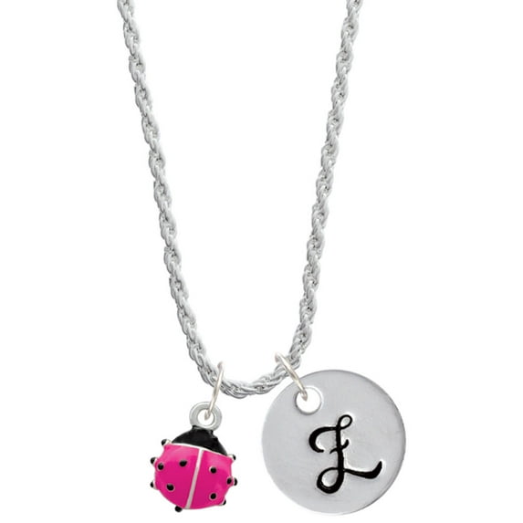Delight Jewelry Silvertone Mini Hot Pink Ladybug Silvertone Script Initial Disc - Z - Charm Necklace, 20"+3"