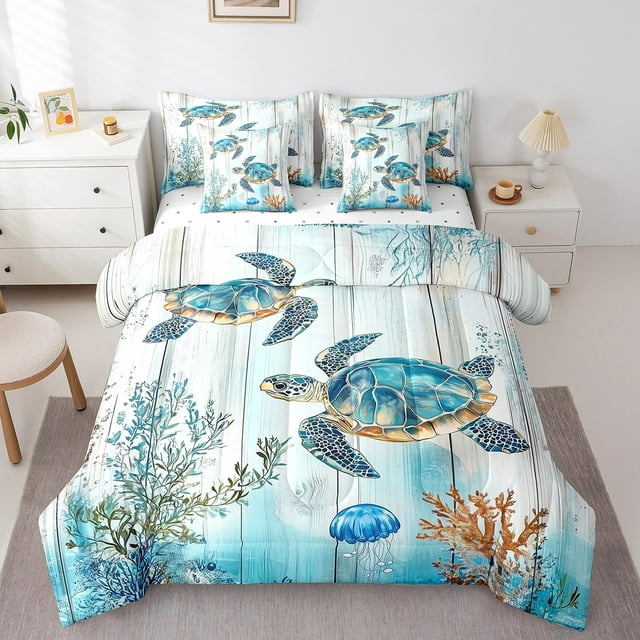 Erosebridal Ensemble de Literie Tortue de Mer Taille Simple pour Adolescents, Ensemble de Couette Maison Rustique au Bord du Lac avec Draps, Literie Réversible Méduse Taille Simple, Décoration de Chambre Super Confortable, 7 Pcs