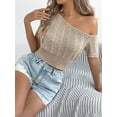 thumbnail image 3 of Womens Summer Tops Crochet Sweaters Resort Wear Short Sleeve Hollow Out Knit Tops 2025 Beach Coverup Khaki L, 3 of 8