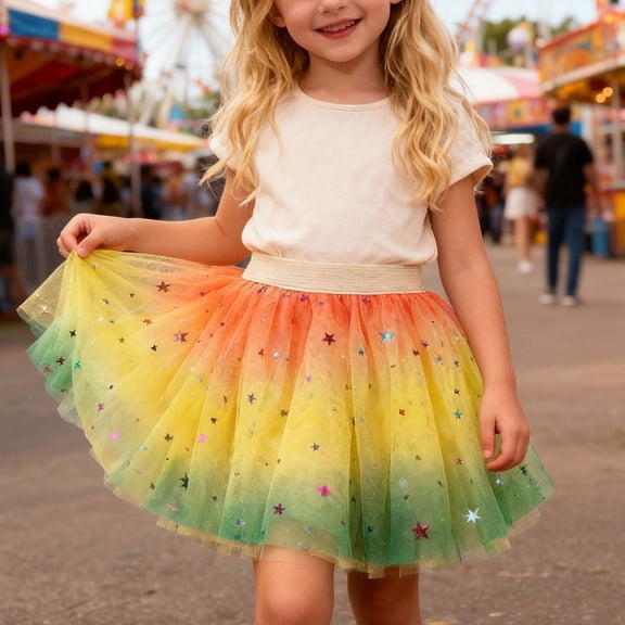 MHFRRA Toddler Tutu Skirt Graduated Color Rainbow Dress for Girls Elastic Waist Party Gown with Flowy Skirt One Size