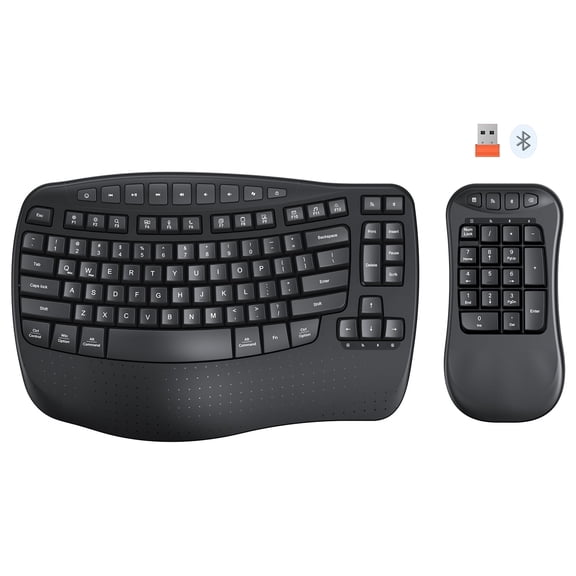 MEETION Wireless Ergonomic Keyboard and Separate Number Pad, 2.4G/BT, Wave Design, Wrist Rest, Black