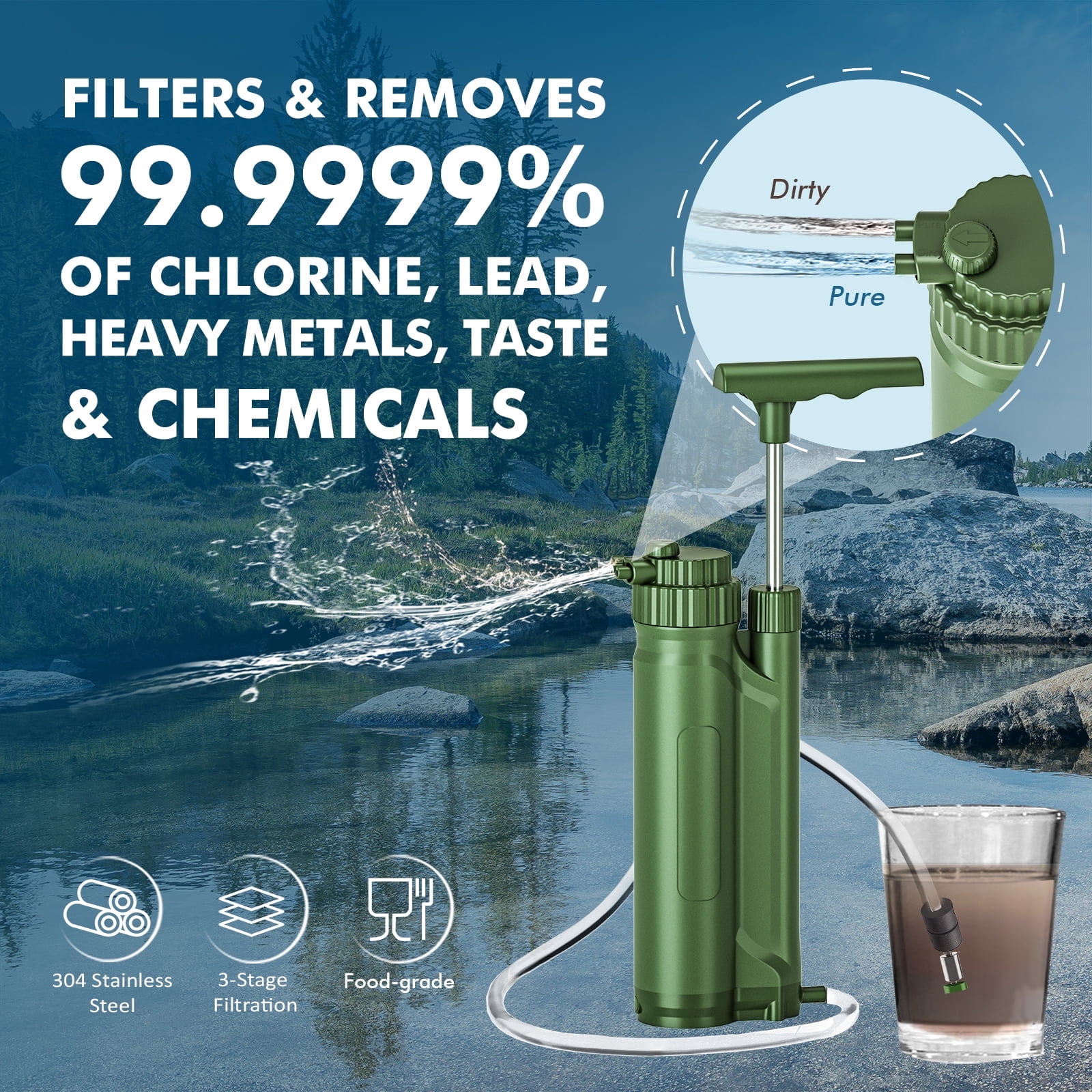 HIBIBUD Portable Water Filter Pump Outdoor Water Purification System Survival Gear for Camping Hiking Travel Preparedness