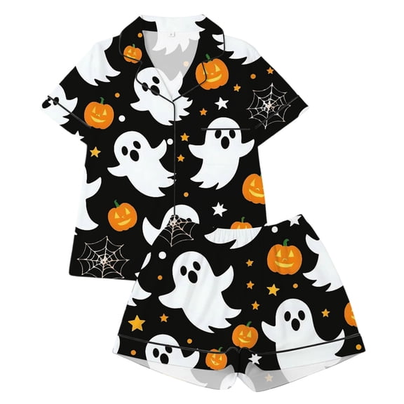 WOYY Halloween Pajama Sets for Girls Button Down Shirt Shorts Cute Nightwear, Sizes 1-14