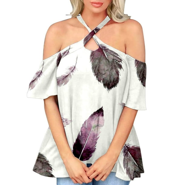 Tops Para Mujer Blusa Informal Elegante Camisas Con Hombros Descubiertos Cuello Halter Cruzado Erógeno Manga Corta Impreso Túnica Elegante Odeerbi ODB164787