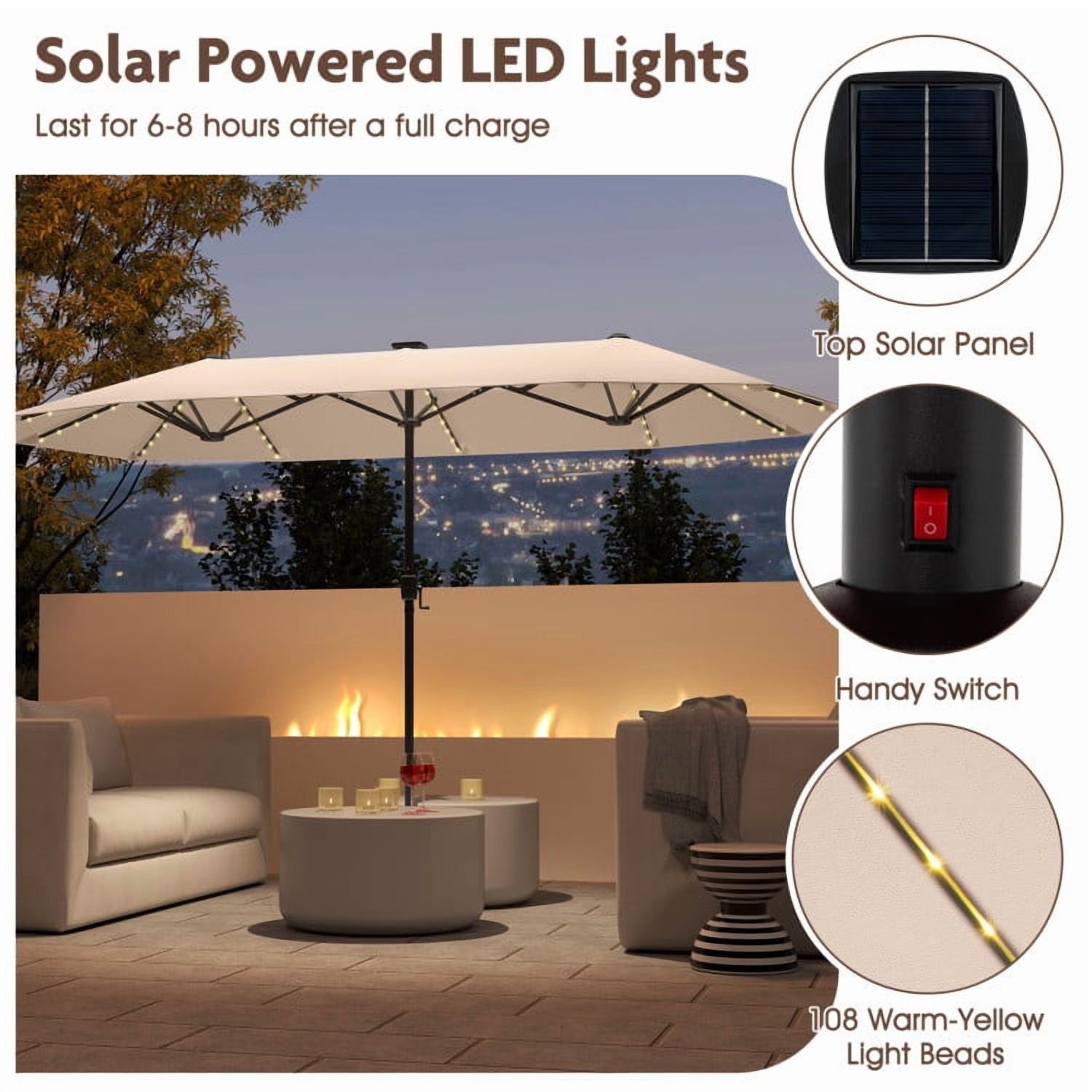 GVN Outdoor Patio Umbrella,Patio Umbrella,13 FT Large Patio Umbrella with LED Solar Lights and Crank Handle-Beige