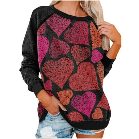 

Womens Long Sleeves Blouse Valentine s Day Fashion Retro Love Printing Patchwork Sleeve Pullover Casual Loose Round Neck Ladies Tunics Sweatshirt Top