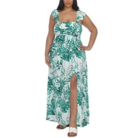 Raviya GREEN Plus Size Floral-Print Smocked-Bodice Maxi Dress Cover-up, US 0X