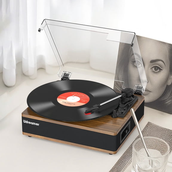 Udreamer Vinyl Record Player with Speakers,Vinyl Player Turntables for Vinyl Records,Vintage Bluetooth Turntable | Brown
