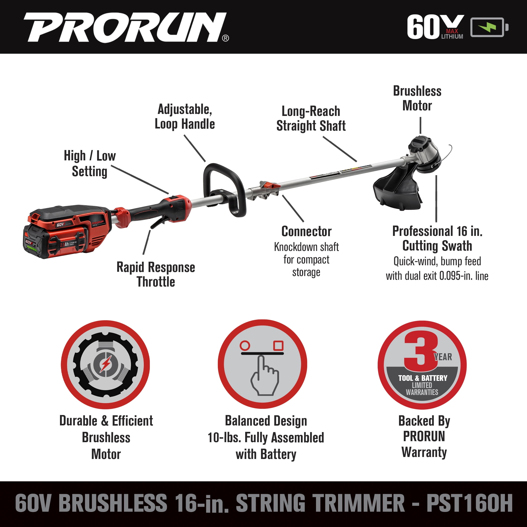PRORUN 60V 16-in. Brushless Cordless String Trimmer with 2.5 Ah Battery and Charger