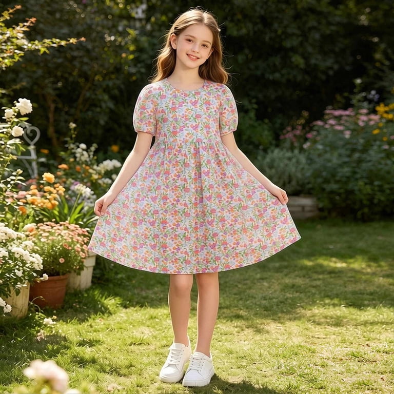 SGFCWSX Girls Floral Dress Short Puff Sleeve Round Neck Summer Casual A-Line Dresses for Kids White Size 5T