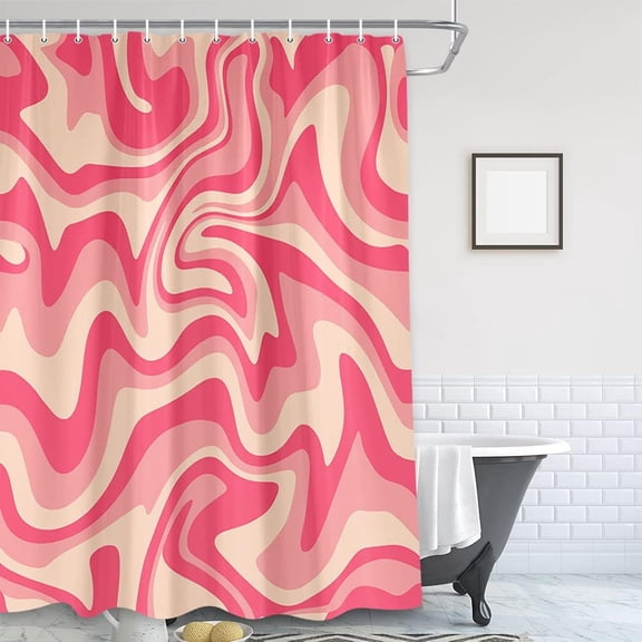 BSHAPPLUS® Pink Wavy Swirl Fabric Shower Curtain, 72"x72" Abstract Fluid Marble Wave Bathroom Curtain, Waterproof Polyester Decorative Bath Curtain with 12 Hooks, Modern Boho Aesthetic Bathroom Decor