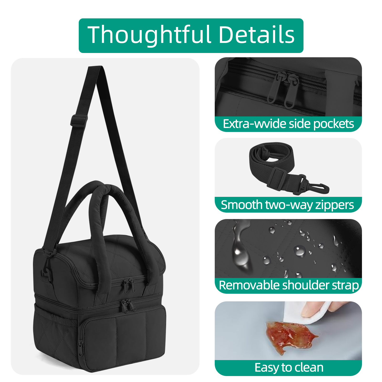 stillithou Double Deck Lunch Bag Insulated Leakproof, Quilted Puffer Lunch Bag Women Lightweight for Work Travel Beach Picnic, Large(Double Deck), Black