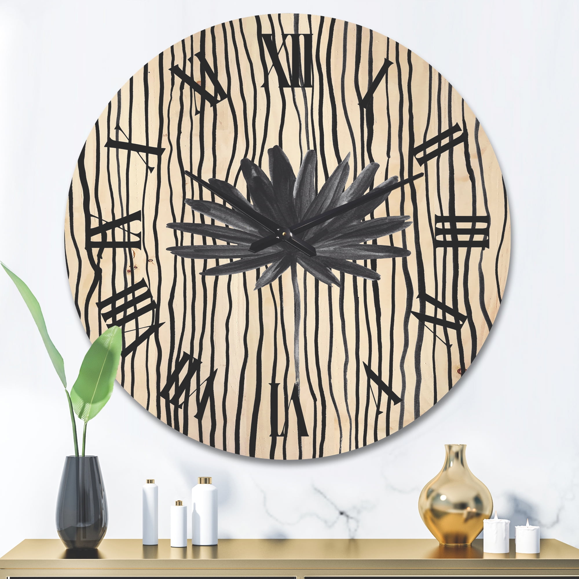 Designart 'Black and White Striped Under Tropical Leaf III' Modern Wood Wall Clock