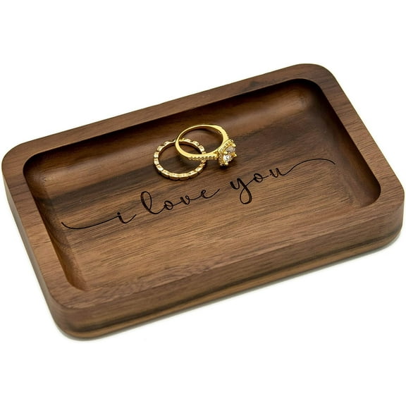 MUUJEE I love you Ring Dish - Engraved Rectangle Wood Tray Small Jewelry Dish 5 Year Wedding Anniv Gifts Ideas - 5.5" x 3.5" (I Love You)