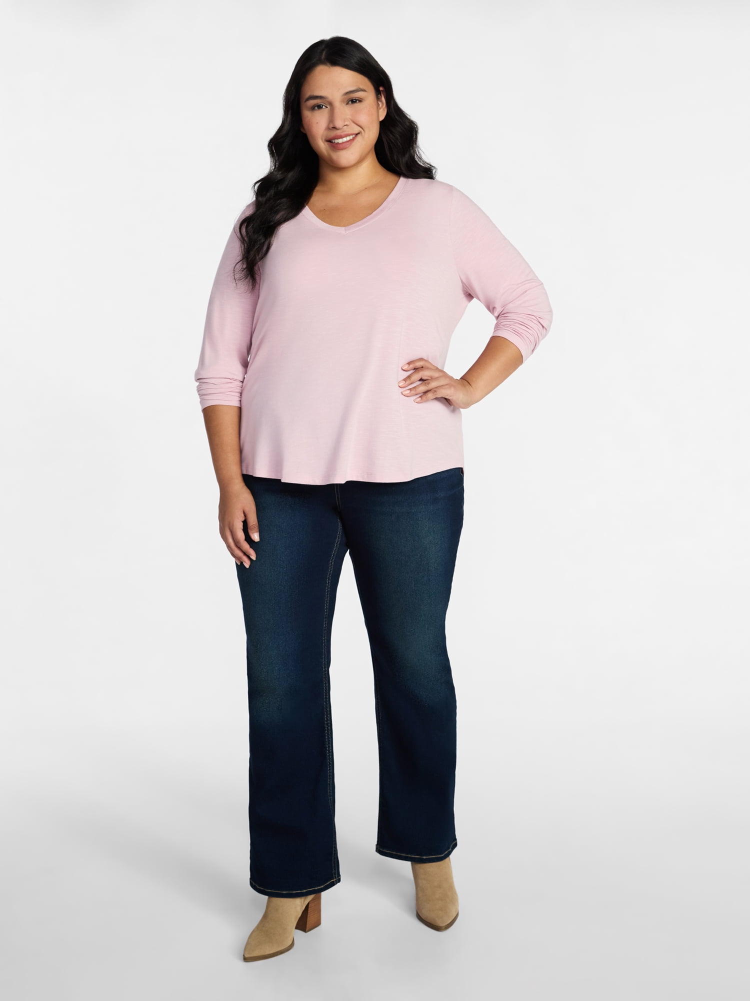 Terra & Sky Women's Plus Size V-Neck Tee with Long Sleeves, Sizes 0X-5X