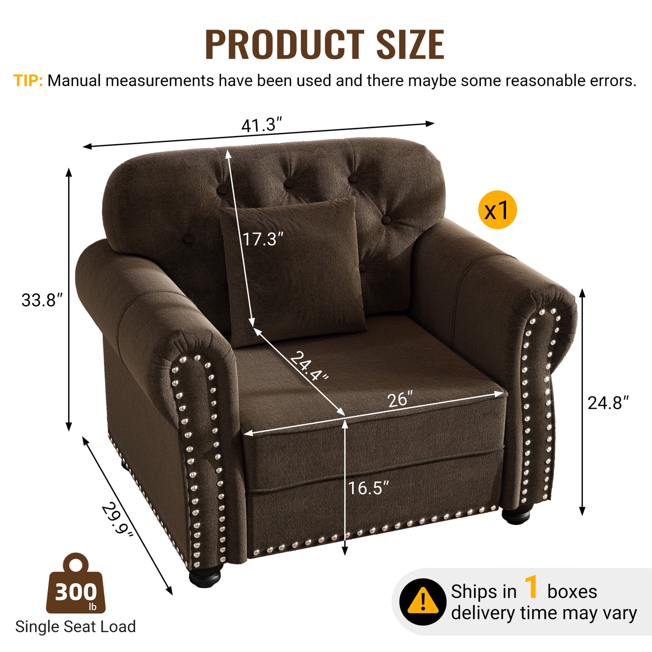 Noble House Kieran 1-Seater Velvet Chesterfield Sofa, Modern Tufted Armchair with Nailhead Trim, Brown