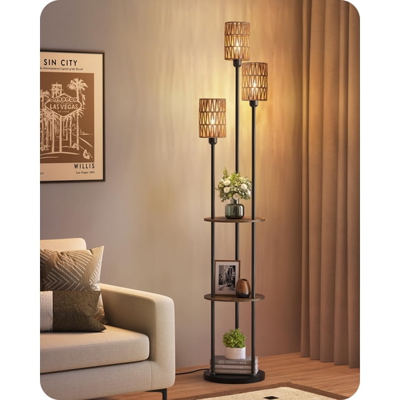 Lámpara de pie GOEBLESON de 3 luces estilo boho con estantes