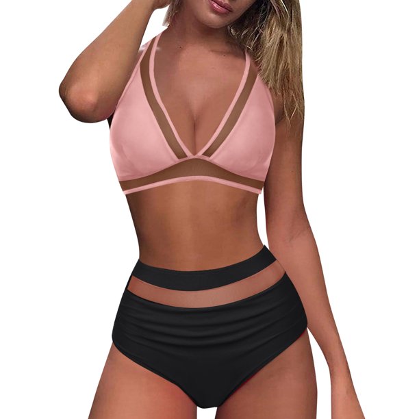 Gibobby Traje de Baño Sexy Bikini Bikini de cintura alta para mujer, bañadores sexys de dos piezas con realce, traje de baño Vintage, conjunto de Bikini (Rosa,CH)
