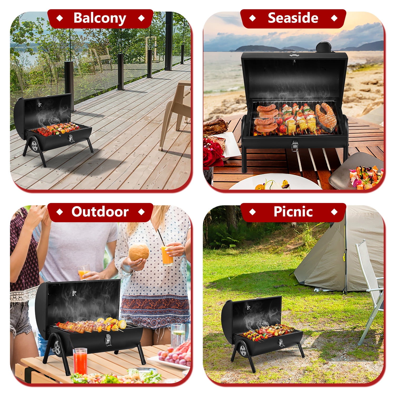 Walchoice Tabletop Charcoal Grill with Thermometer & Chimney, Small Portable Barbecue Grill for Outdoor Cooking Camping Picnic Backyard Beach - Black