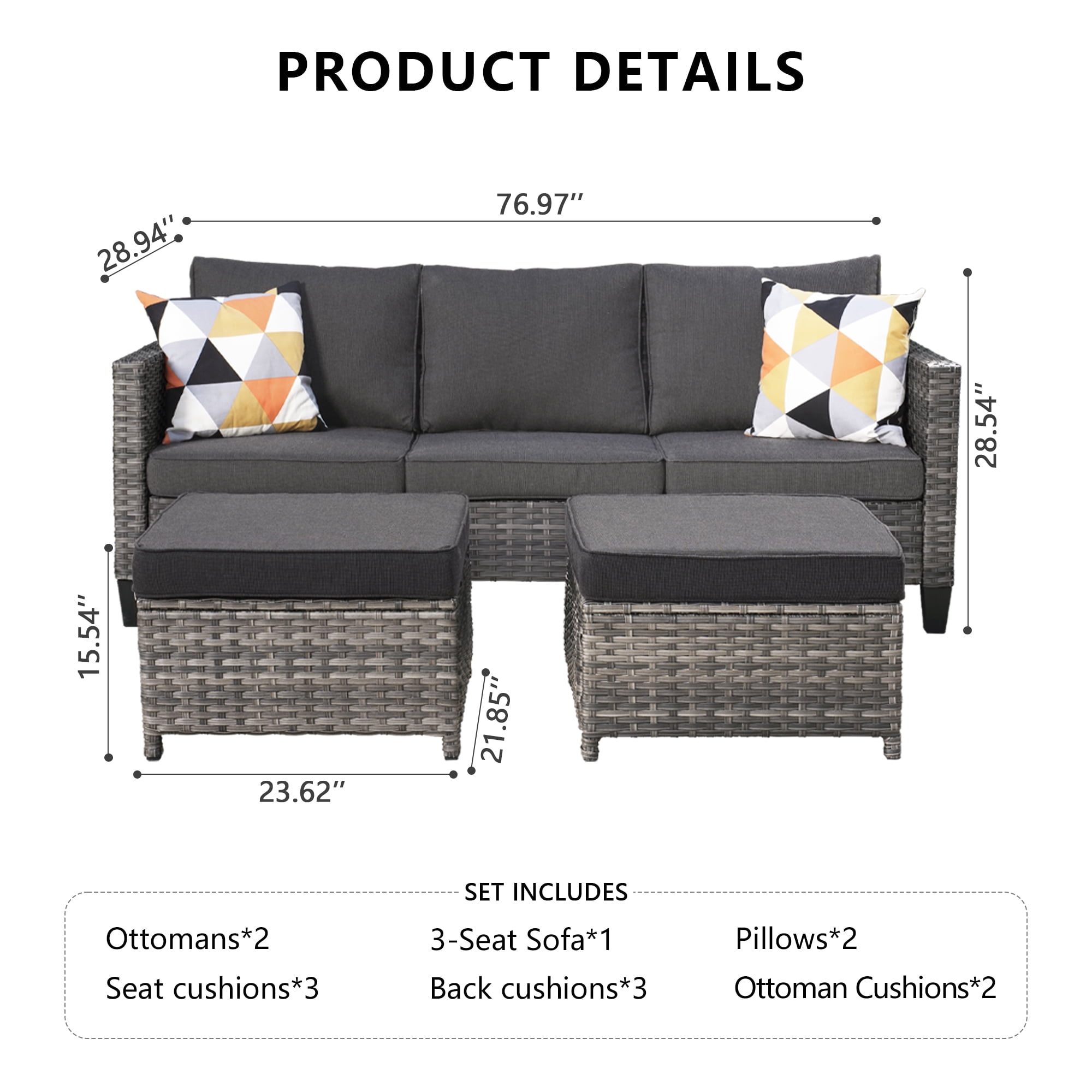 Ovios 3-Piece Outdoor Furniture Set All-Weather Wicker Patio Sofa with Cushions for Conversations