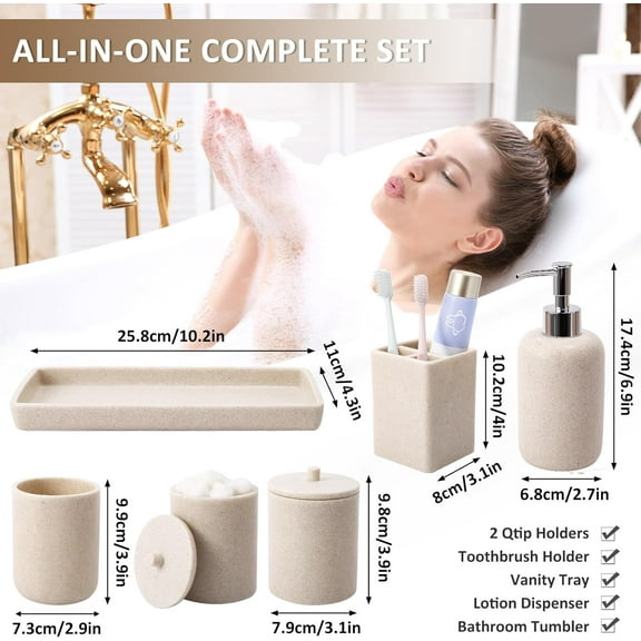Resin Beige Bathroom Set with Toothbrush Holder, Soap Dispenser & Vanity Tray - Countertop Organizer