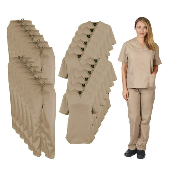 M&M SCRUBS Women Scrub Set V-Neck Medical Scrub Tops and Drawstring Pants - Pack of 12 Set (Khaki, XX-Small)