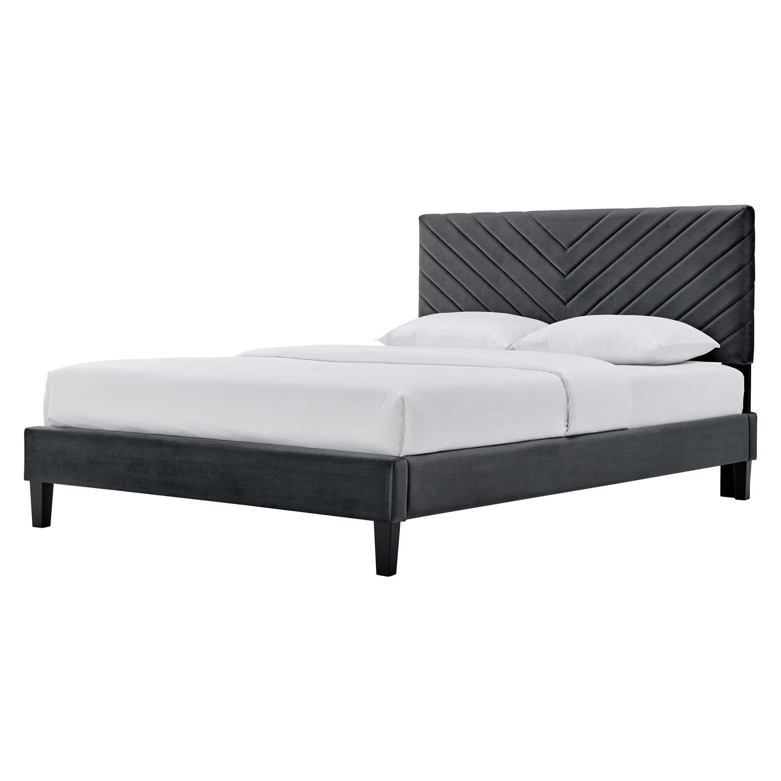Platform Bed Frame, King Size, Charcoal Grey Gray, Velvet, Modern